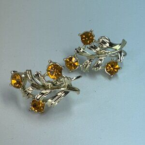 Vintage 1960s CORO Screw back Earrings Deep Amber Stones Leaves Gold Tone VIDEO